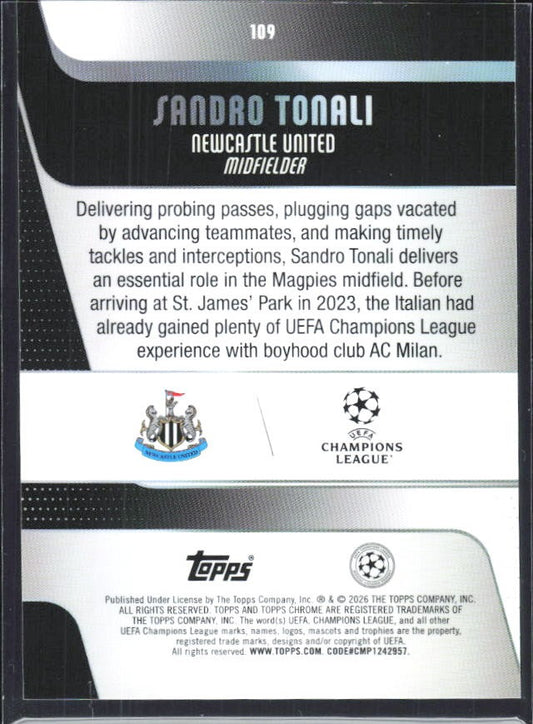 Sandro Tonali 2025-26 Topps Chrome UCC #109 – baksida