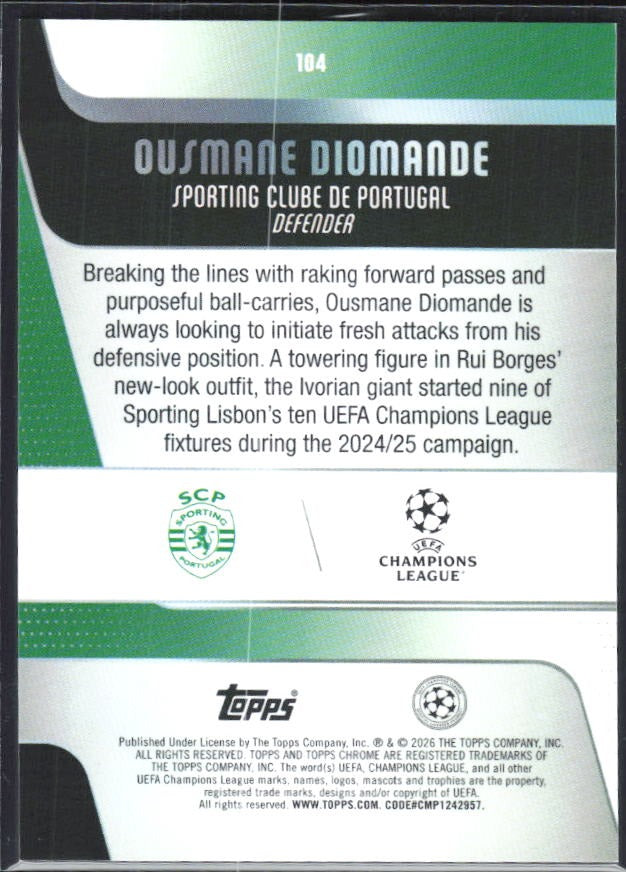 Ousmane Diomande 2025-26 Topps Chrome UCC #104 – baksida