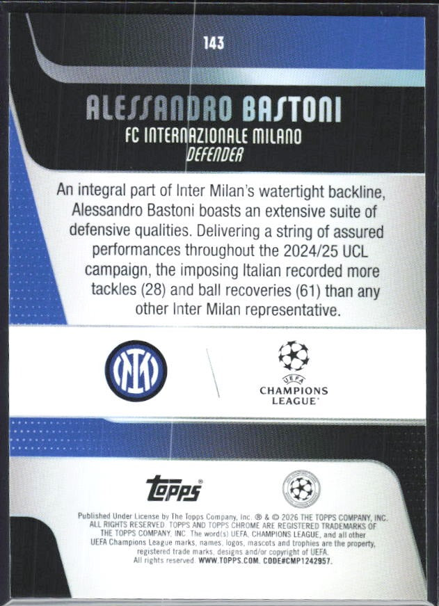 Alessandro Bastoni 2025-26 Topps Chrome UCC #143 – baksida