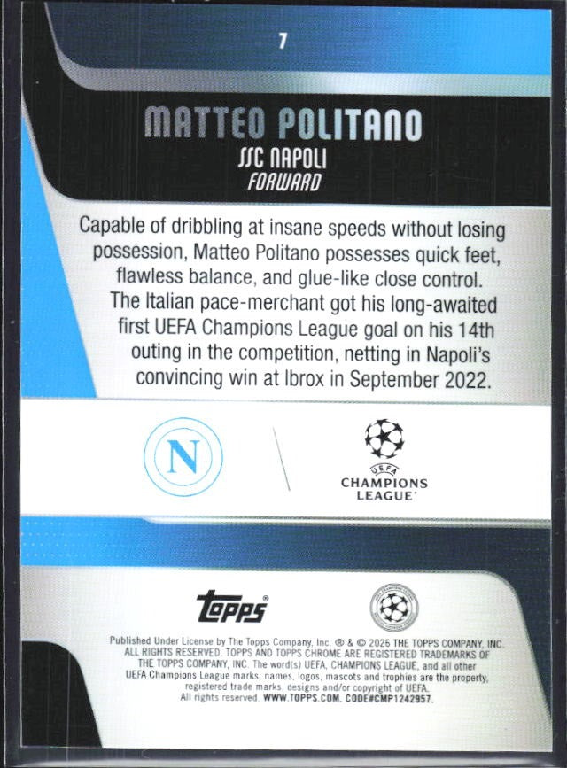Matteo Politano 2025-26 Topps Chrome UCC #7 – baksida