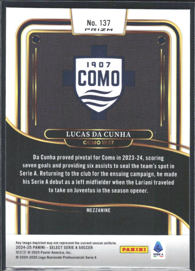 2024-25 Panini Select Serie A Lucas Da Cunha Mezzanine Flash Prizm #137 – baksida
