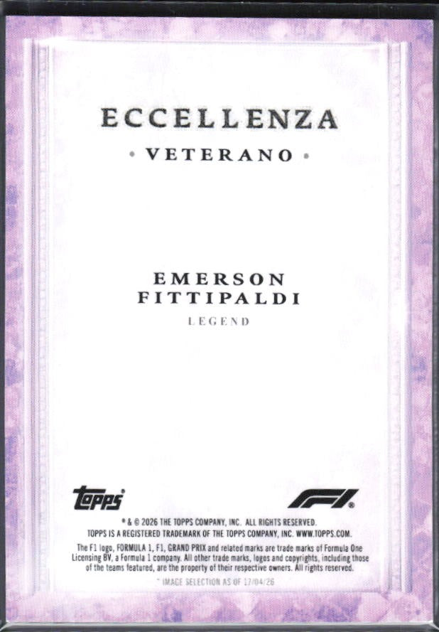 2026 Topps F1 Eccellenza Emerson Fittipaldi Veterano Purple 10/50 – baksida