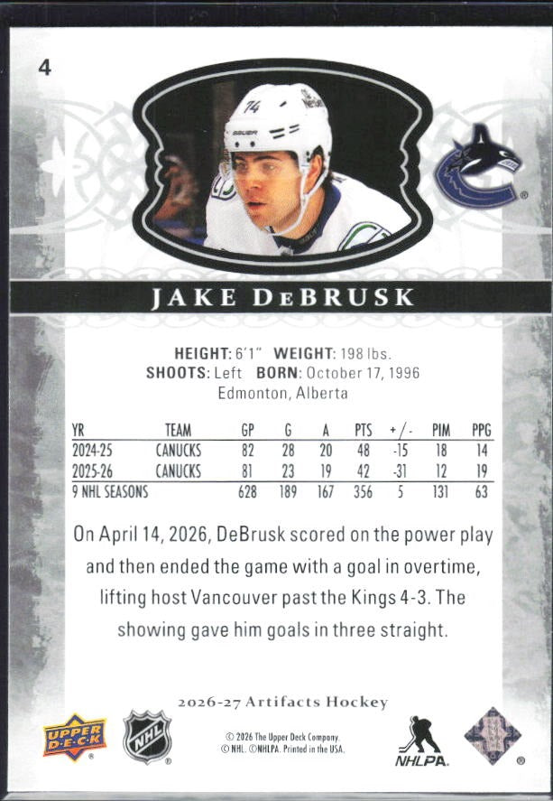 2026-27 Upper Deck Artifacts Jake DeBrusk Base #4 – baksida