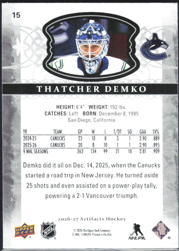 2026-27 Upper Deck Artifacts Thatcher Demko Base #15 – baksida