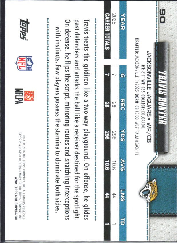 2026 Topps Flagship Football Travis Hunter #90 – baksida