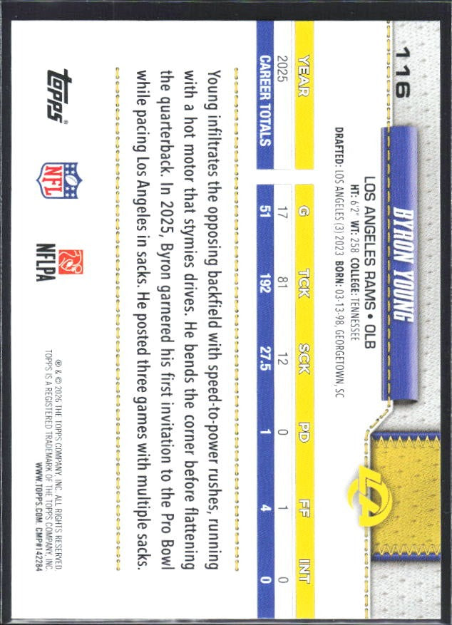 2026 Topps Flagship Football Byron Young #116 – baksida