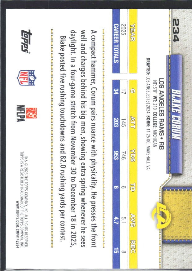 2026 Topps Flagship Football Blake Corum #234 – baksida