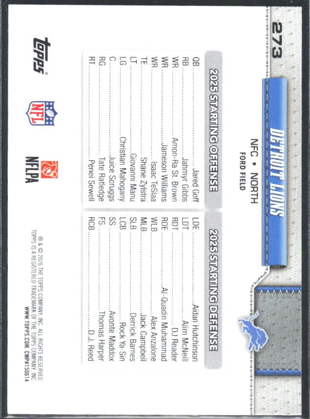 2026 Topps Flagship Football Detroit Lions #273 – baksida