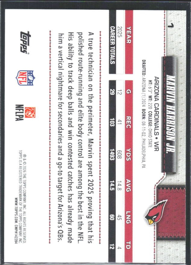 2026 Topps Flagship Football Marvin Harrison Jr. #1 – baksida
