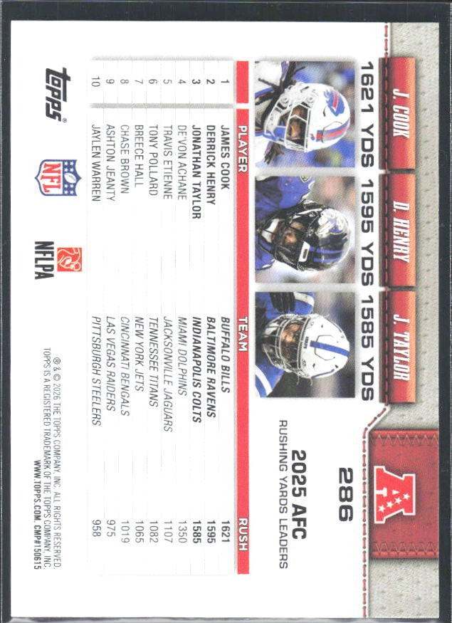 2026 Topps Flagship Football AFC Rushing Leaders (Derrick Henry / Jonathan Taylor / James Cook) #286 – baksida