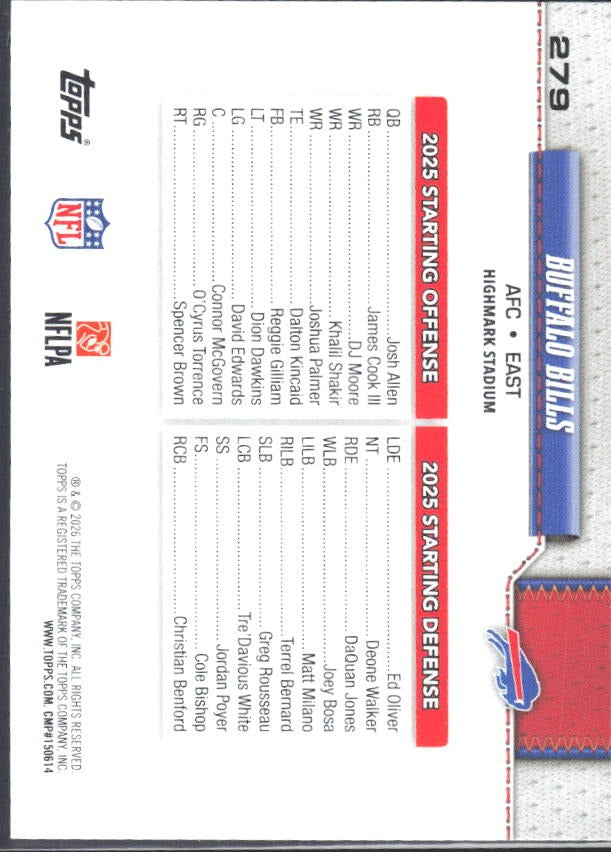 2026 Topps Flagship Football Buffalo Bills #279 – baksida