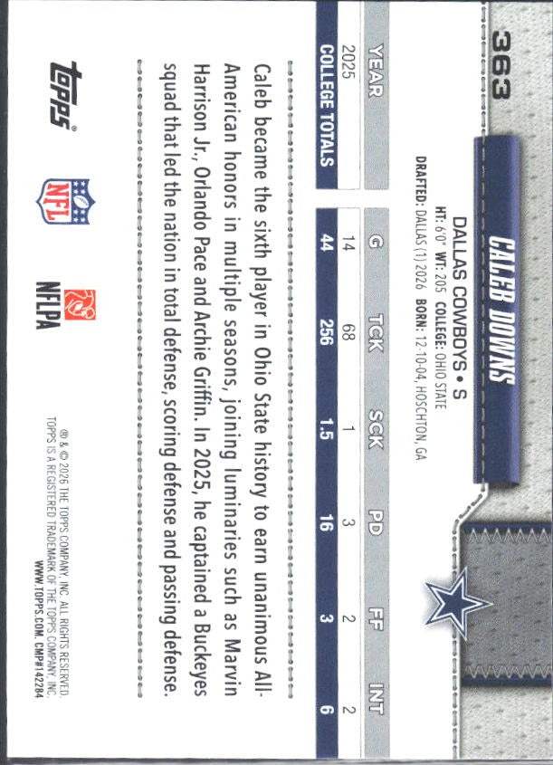 2026 Topps Flagship Football Caleb Downs RC #363 – baksida