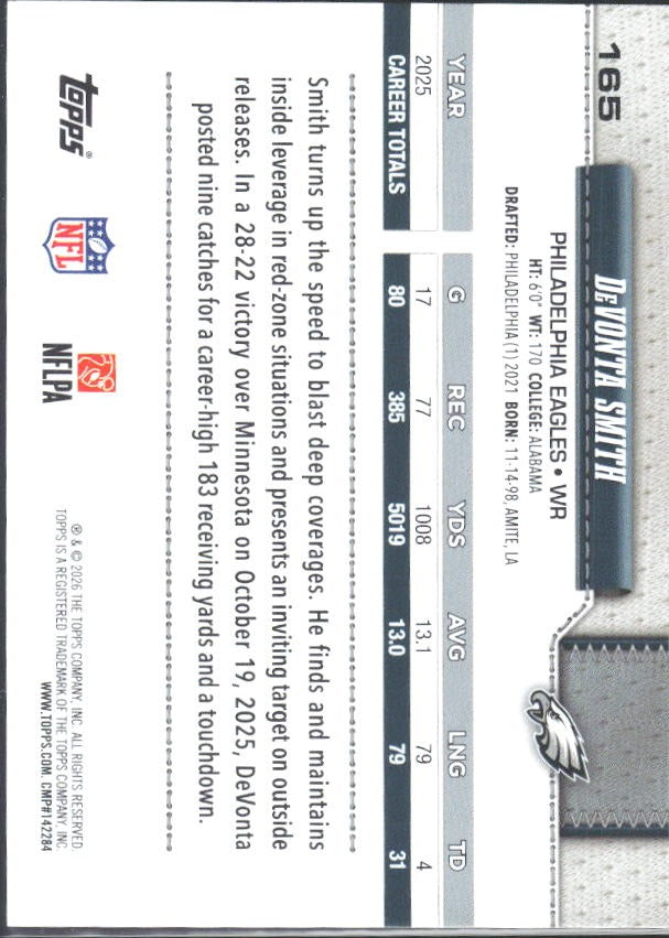 2026 Topps Flagship Football DeVonta Smith #165 – baksida