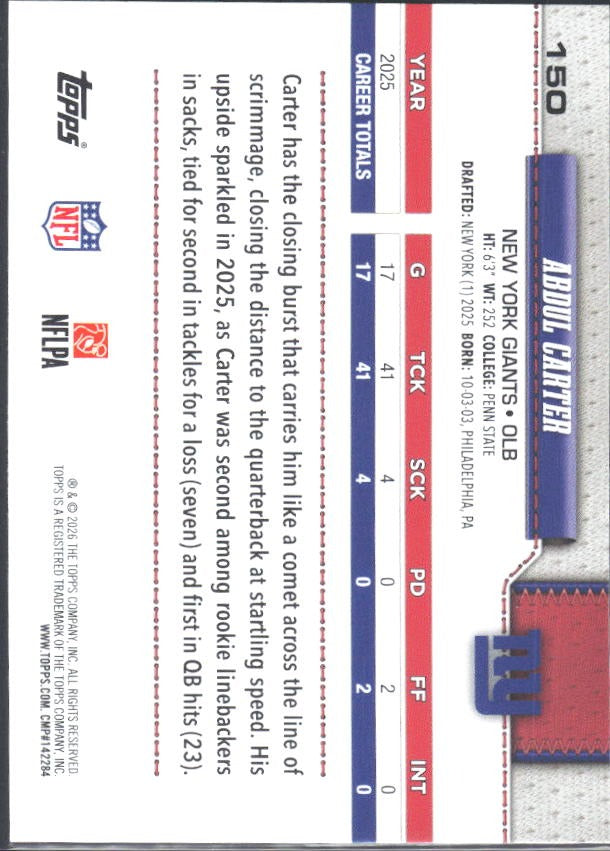 2026 Topps Flagship Football Abdul Carter #150 – baksida