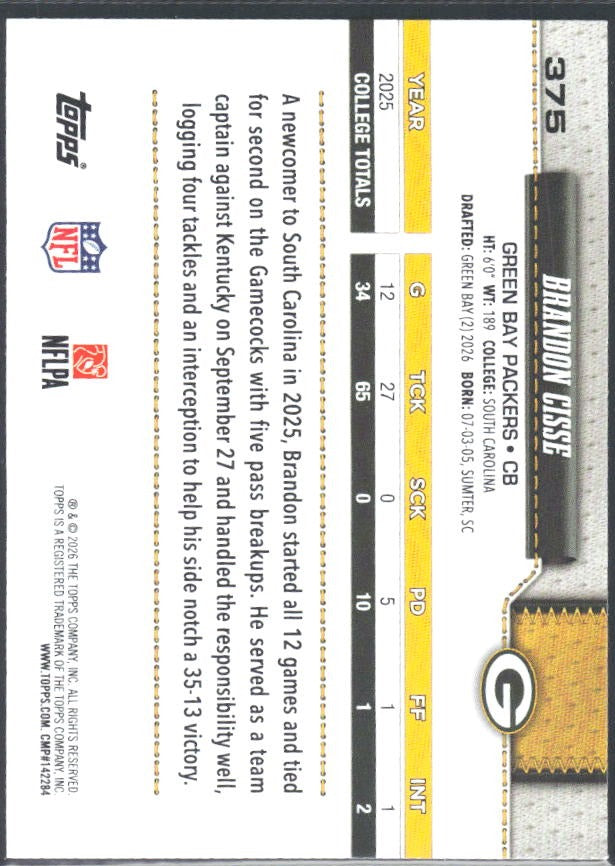 2026 Topps Flagship Football Brandon Cisse RC #375 – baksida