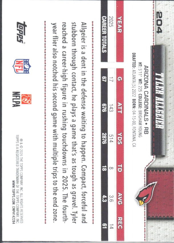 2026 Topps Flagship Football Tyler Allgeier #204 – baksida