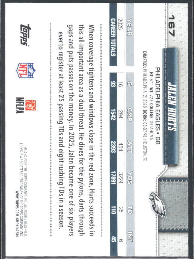 2026 Topps Flagship Football Jalen Hurts #167 – baksida
