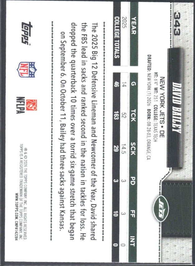 2026 Topps Flagship Football David Bailey RC #343 – baksida