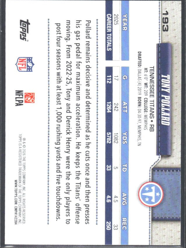 2026 Topps Flagship Football Tony Pollard #193 – baksida
