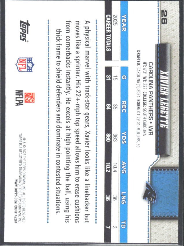 2026 Topps Flagship Football Xavier Legette #26 – baksida