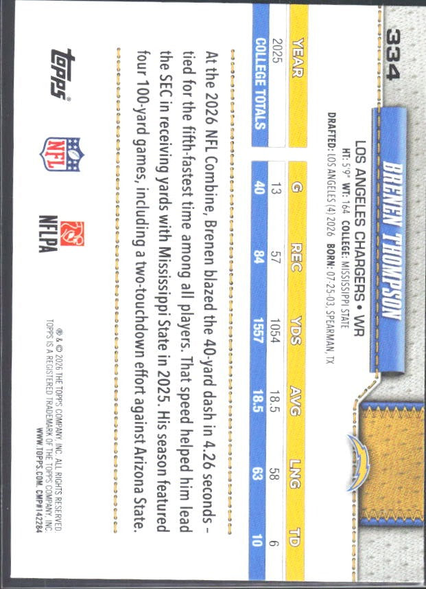 2026 Topps Flagship Football Brenen Thompson RC #334 – baksida