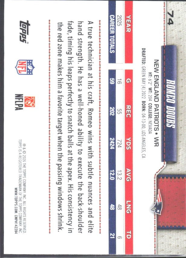 2026 Topps Flagship Football Romeo Doubs #74 – baksida