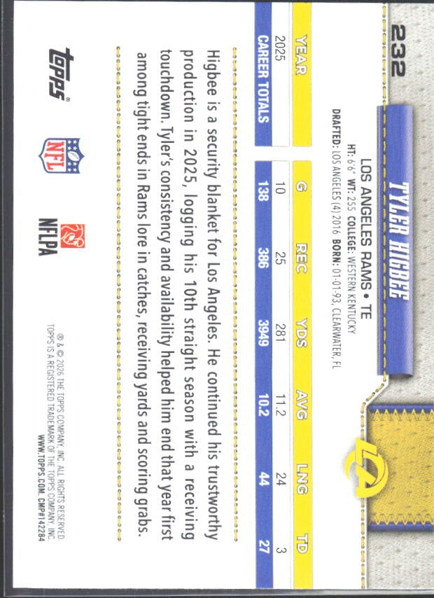 2026 Topps Flagship Football Tyler Higbee #232 – baksida
