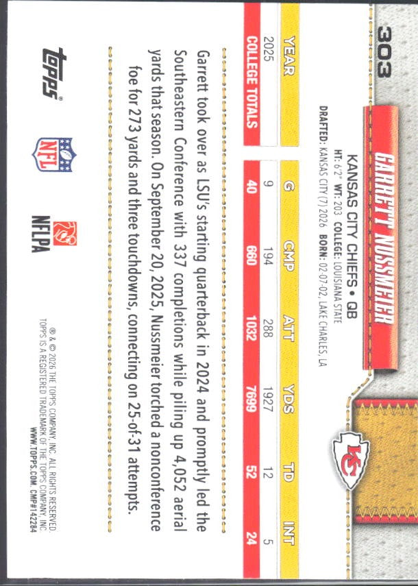 2026 Topps Flagship Football Garrett Nussmeier RC #303 – baksida