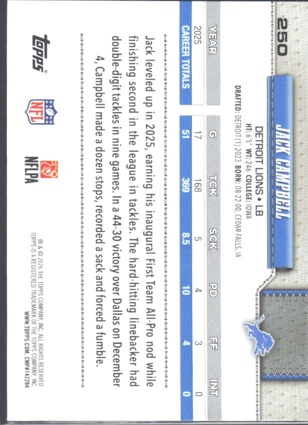 2026 Topps Flagship Football Jack Campbell #250 – baksida
