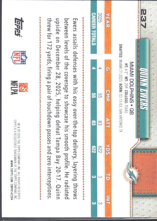 2026 Topps Flagship Football Quinn Ewers #237 – baksida