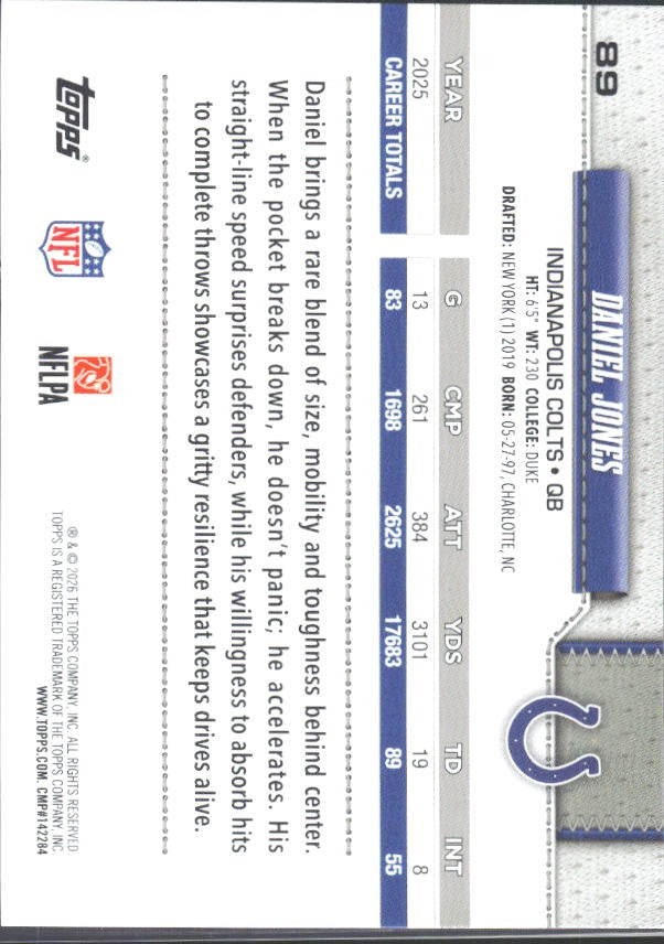 2026 Topps Flagship Football Daniel Jones #89 – baksida