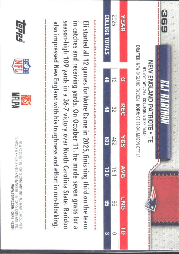 2026 Topps Flagship Football Eli Raridon RC #369 – baksida