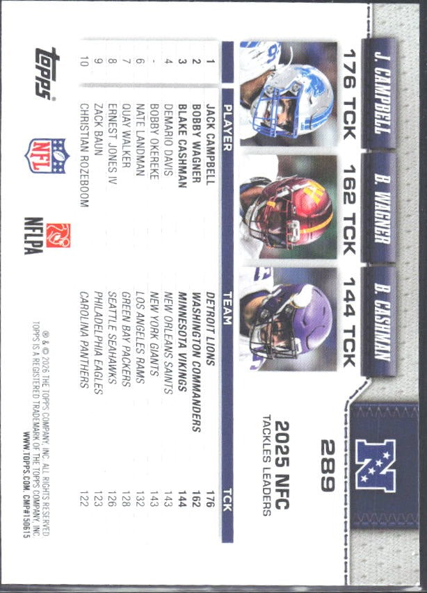 2026 Topps Flagship Football NFC Tackle Leaders (Bobby Wagner / Blake Cashman / Jack Campbell) #289 – baksida