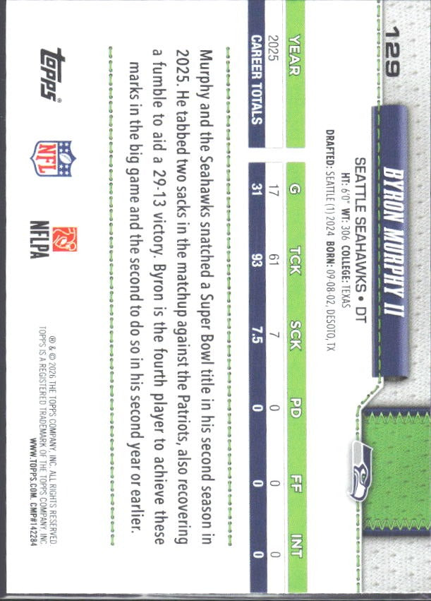 2026 Topps Flagship Football Byron Murphy II #129 – baksida