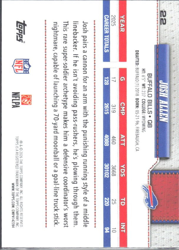 2026 Topps Flagship Football Josh Allen #22 – baksida