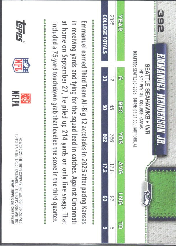 2026 Topps Flagship Football Emmanuel Henderson Jr. RC #392 – baksida