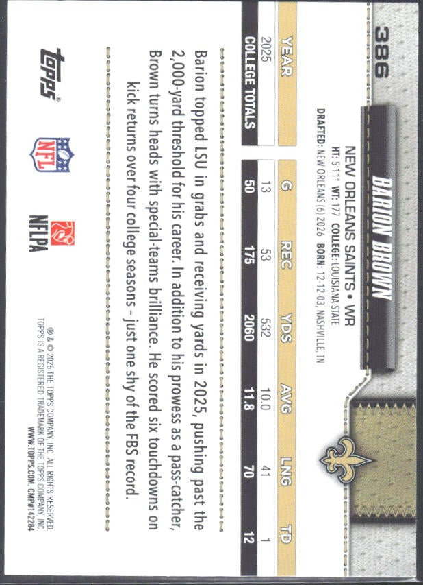 2026 Topps Flagship Football Barion Brown RC #386 – baksida