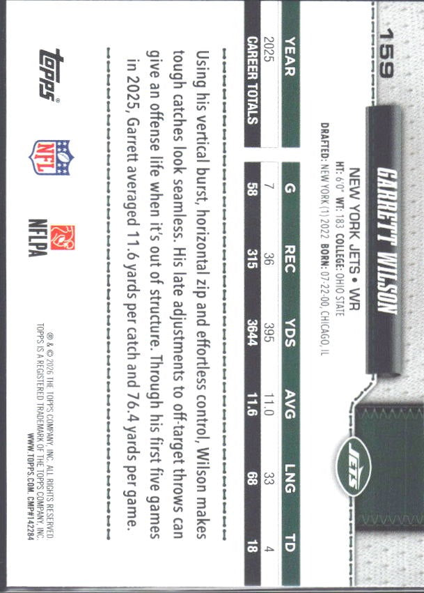 2026 Topps Flagship Football Garrett Wilson #159 – baksida