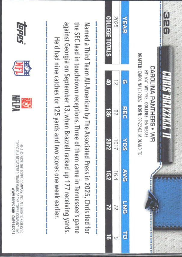 2026 Topps Flagship Football Chris Brazzell II RC #326 – baksida