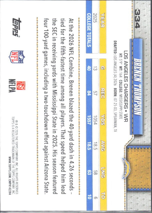 2026 Topps Flagship Football Brenen Thompson RC #334 – baksida