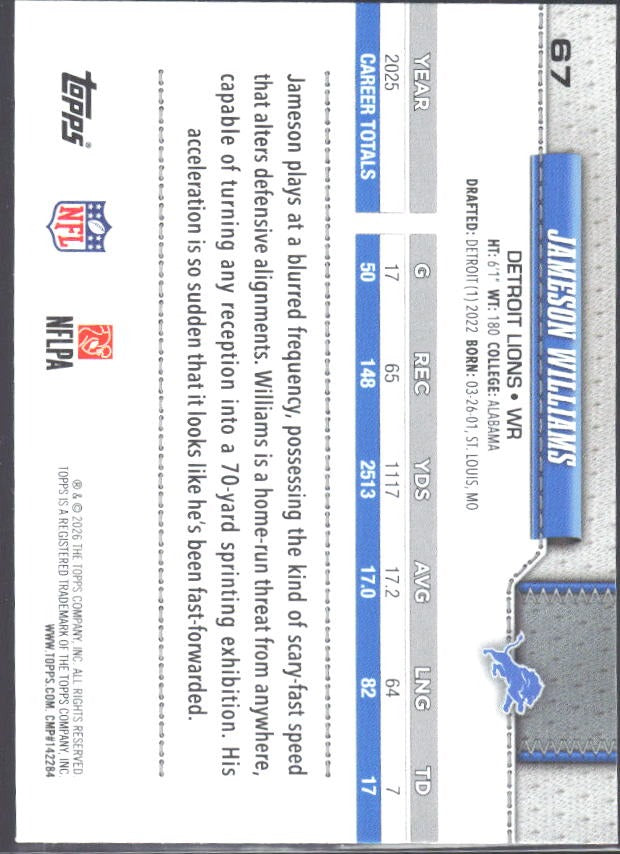 2026 Topps Flagship Football Jameson Williams #67 – baksida