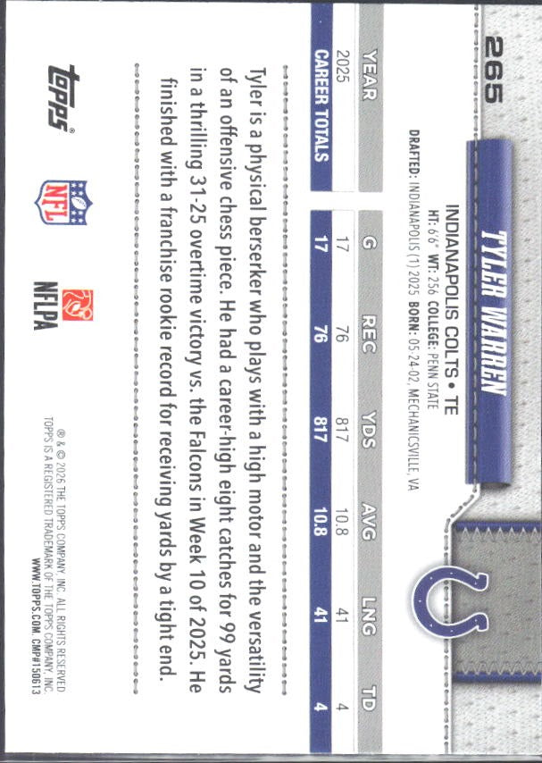 2026 Topps Flagship Football Tyler Warren Future Stars #265 – baksida
