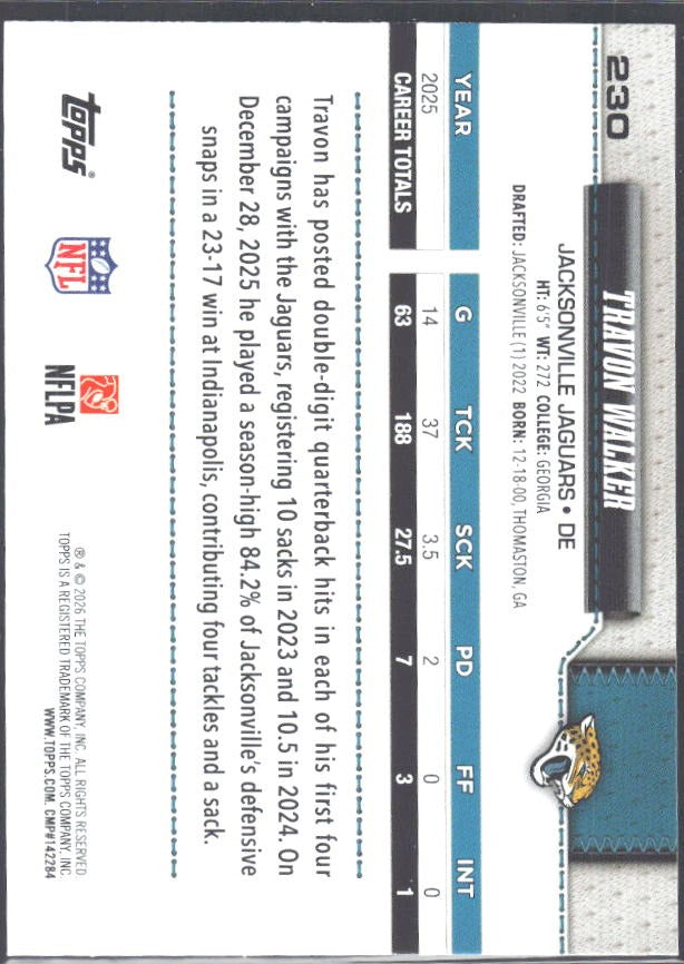 2026 Topps Flagship Football Travon Walker #230 – baksida