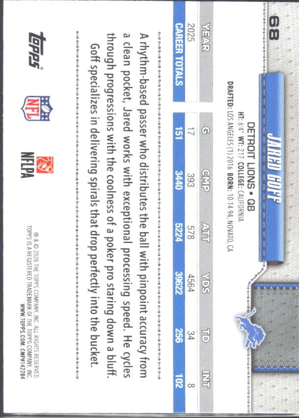 2026 Topps Flagship Football Jared Goff #68 – baksida