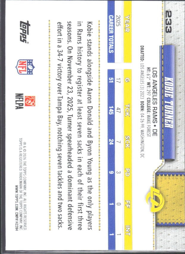 2026 Topps Flagship Football Kobie Turner #233 – baksida