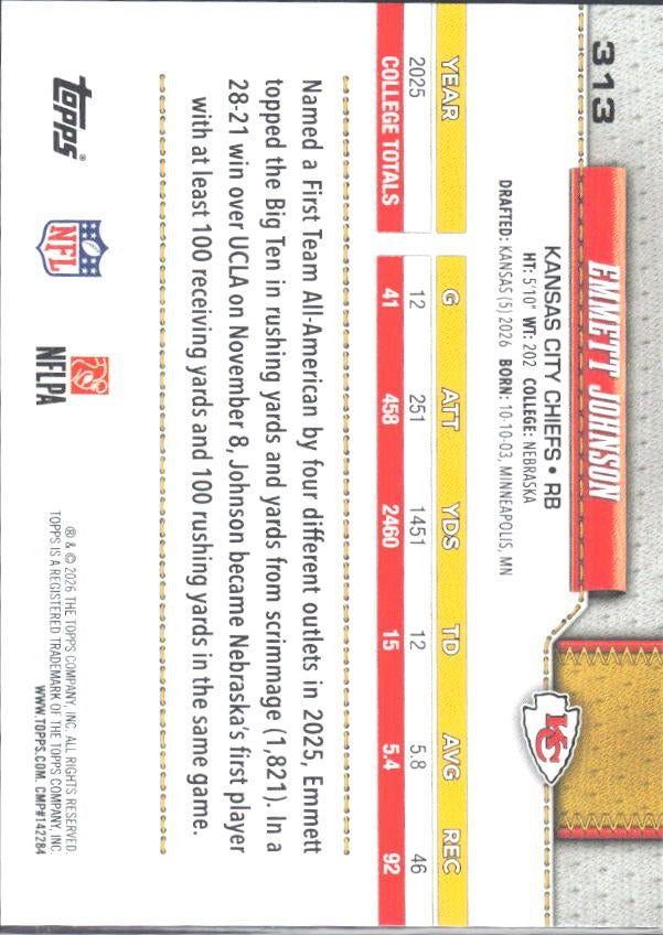 2026 Topps Flagship Football Emmett Johnson RC #313 – baksida