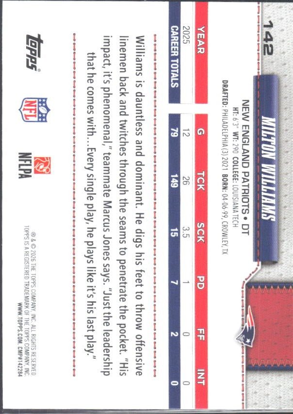 2026 Topps Flagship Football Milton Williams #142 – baksida