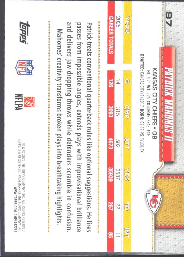 2026 Topps Flagship Football Patrick Mahomes II #97 – baksida