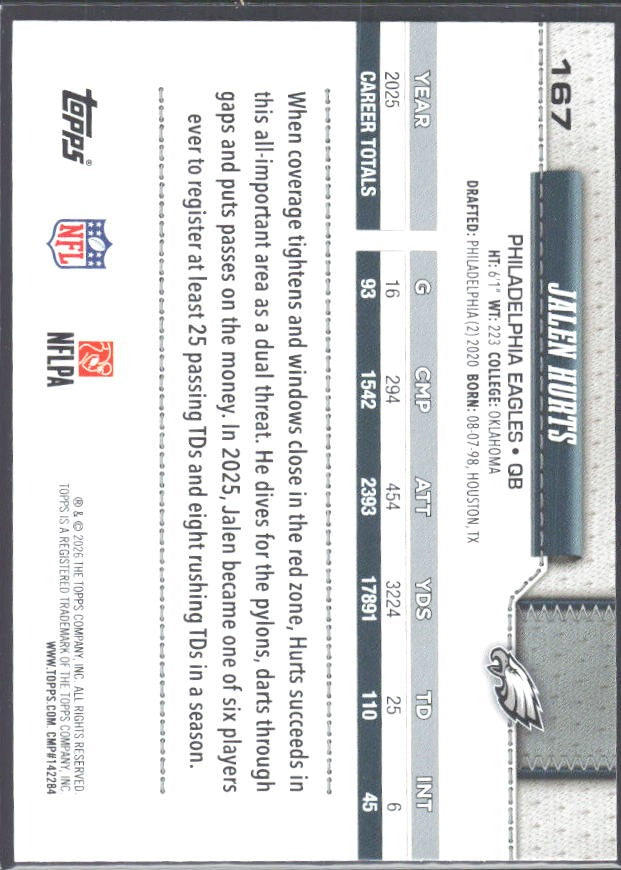 2026 Topps Flagship Football Jalen Hurts #167 – baksida