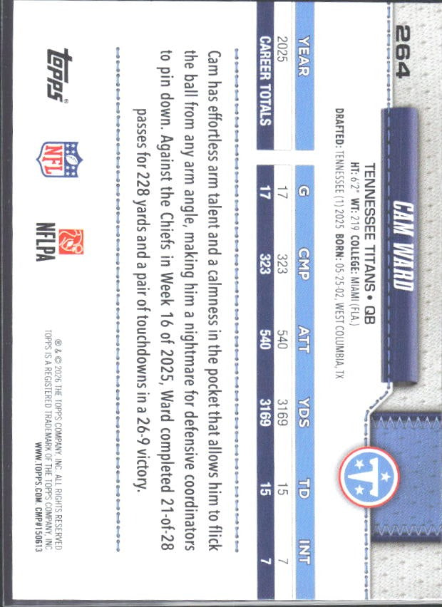 2026 Topps Flagship Football Cam Ward Future Stars #264 – baksida